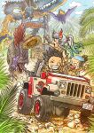  2girls 6+boys black_hair brachiosaurus brother_and_sister car closed_eyes day dinosaur dragon eastern_dragon english_text fleeing gradient_hair hat highres horns jurassic_park kaidou_(one_piece) king_(one_piece) kumo_d7 long_hair monkey_d._luffy motor_vehicle mountain multicolored_hair multiple_boys multiple_girls one_piece oni_horns open_mouth outdoors pachycephalosaurus page_one_(one_piece) palm_tree parody pterosaur queen_(one_piece) sasaki_(one_piece) short_hair siblings smile spinosaurus straw_hat sweatdrop teeth topknot tree triceratops ulti_(one_piece) white_hair yamato_(one_piece) 