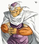  1boy alien antennae cape colored_skin dragon_ball fist_in_hand highres jumpsuit kakeru_(dbskakeru) looking_to_the_side male_focus orange_piccolo orange_skin piccolo pointy_ears purple_jumpsuit red_eyes simple_background solo toriyama_akira_(style) white_background white_cape 