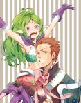  1boy 1girl armor armpits arms_up boots brown_eyes brown_hair carrying carrying_person commentary fire_emblem fire_emblem_awakening gloves green_hair gregor_(fire_emblem) highres long_hair looking_at_viewer nowi_(fire_emblem) open_mouth pointy_ears ponytail purple_eyes purple_footwear purple_gloves short_hair shorts shoulder_armor smile teeth yachimata_1205 