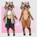  anthro antlers breasts cervine chibi clothed clothing deer flaccid flat_chested flower foreskin genitals girly hi_res hooves horn humanoid_genitalia male mammal nonbinary_(lore) nude penis plant small_breasts small_penis solo solo_focus tail tail_tuft tuft yan 
