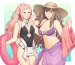  2girls bare_arms bare_shoulders bikini black_one-piece_swimsuit breasts brown_hair cleavage commentary cowboy_shot felicia_(fire_emblem) fire_emblem fire_emblem_awakening fire_emblem_fates grin hat highres hiomaika holding holding_towel large_breasts long_hair looking_at_viewer medium_breasts multiple_girls navel one-piece_swimsuit pink_hair ponytail purple_bikini sarong smile standing stomach sumia_(fire_emblem) sun_hat swimsuit thighs towel very_long_hair 