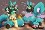  anal anthro backsack balls big_butt blush bodily_fluids bottomwear butt butt_grab chest_spike clothed clothing disembodied_hand disembodied_tongue feet generation_4_pokemon genitals hand_on_butt hand_spike hi_res holowear_(pokemon) jewelry kneeling loincloth lucario male nintendo oral partially_clothed pawpads pokemon pokemon_(species) pokemon_unite ravieel red_eyes rimming ruins_style_lucario saliva sex skimpy solo spikes spikes_(anatomy) sweat thick_thighs tongue tongue_out 