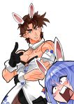  1boy 1girl absurdres animal_ears battle_tendency blue_hair brown_hair cosplay crossdressing crossover gloves highres hololive jojo_no_kimyou_na_bouken jojo_pose joseph_joestar joseph_joestar_(young) koizumi_arata muscular muscular_male rabbit_ears surprised usada_pekora usada_pekora_(1st_costume) usada_pekora_(cosplay) virtual_youtuber 