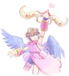  1boy alternate_color angel angel_wings blue_eyes blue_wings bow_(weapon) brown_hair feathered_wings holding holding_bow_(weapon) holding_weapon kid_icarus kid_icarus_uprising laurel_crown looking_up male_focus nopepe open_mouth pit_(kid_icarus) signature simple_background smile solo super_smash_bros. weapon white_background wings 