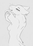  anthro breasts creature71 ear_piercing ear_ring felid feline female greyscale hi_res lion mammal monochrome pantherine piercing pinup pose ring_piercing side_boob sketch solo solo_focus stretching whiskers 