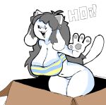  2023 :3 absurd_res anthro belly bent_legs big_breasts blue_clothing blue_shirt blue_topwear bottomless box breasts canid cleavage clothed clothing container cute_fangs dialogue digital_media_(artwork) eks-out english_text felid female fur gesture greeting greeting_viewer grey_hair hair hi_res huge_breasts hybrid in_box in_container long_hair long_tail mammal multi_ear navel onomatopoeia open_mouth open_smile partially_clothed pattern_clothing pattern_shirt pattern_topwear shirt shirt_only simple_background sleeveless_shirt slightly_chubby small_waist smile solo sound_effects standing striped_clothing striped_shirt striped_topwear stripes tail talking_to_viewer tem temmie_(undertale) text text_on_clothing text_on_shirt text_on_topwear thick_tail thick_thighs toony topwear topwear_only translucent translucent_hair undertale undertale_(series) waving waving_at_viewer white_background white_body white_fur wide_hips yellow_clothing yellow_shirt yellow_topwear 