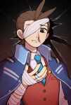  1boy ace_attorney antenna_hair apollo_justice arm_at_side bandage_over_one_eye bandaged_arm bandages blood blood_on_face blood_on_hands blue_jacket brown_background brown_eyes brown_hair buttons clenched_teeth collared_jacket collared_shirt hand_up high_collar highres jacket jacket_on_shoulders lapel_pin lapels male_focus nosebleed one_eye_covered open_clothes open_jacket pocket red_vest shattered shirt short_hair solo teeth upper_body vest white_shirt yezhi_(48693232) 