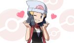  1girl beanie black_hair black_shirt commentary_request dawn_(pokemon) eyelashes grey_eyes grin hair_ornament hairclip hands_up hat heart highres long_hair looking_at_viewer one_eye_closed poke_ball_print poke_ball_symbol pokemon pokemon_(game) pokemon_dppt red_scarf scarf shirt sleeveless sleeveless_shirt smile solo teeth teru_zeta upper_body white_headwear 