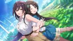  2girls back-to-back bare_arms bare_shoulders belt black_hair blue_eyes blue_sky bracelet breasts buttons cloud collared_shirt day diagonal_bangs earrings grass hair_between_eyes hair_down hair_ornament hairclip idolmaster idolmaster_shiny_colors jewelry large_breasts locked_arms long_hair looking_at_viewer mitsumine_yuika multiple_girls no_eyewear official_alternate_costume official_alternate_hairstyle official_art one_eye_closed open_mouth outdoors pants shirase_sakuya shirt short_sleeves sky sleeveless sleeveless_shirt small_breasts smile sparkle standing sunlight white_shirt windmill yellow_eyes 