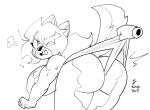  2023 4_fingers anaugi annoyed anthro big_breasts big_butt black_and_white blush breasts butt canid canine canis clothed clothing clothing_pull disembodied_hand domestic_dog english_text female fingers hachimitsu hair hair_over_eye looking_back mammal monochrome one_eye_obstructed open_mouth panties panty_pull ponytail scar side_boob signature simple_background sketch solo text topless underwear underwear_pull white_background 