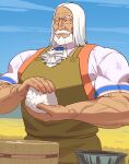  1boy apron ascot bara beard blue_eyes blue_sky bowl brooch closed_eyes cooking facial_hair food green_apron highres jewelry jp_(street_fighter) large_pectorals long_hair male_focus mature_male muscular muscular_male mustache onigiri pectorals print_shirt rice sa1k0p shirt sky solo street_fighter street_fighter_6 thick_eyebrows thick_mustache veins white_hair 