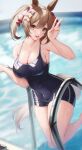  :d absurdres animal_ears armpit_crease blurry blurry_background blush breasts brown_eyes brown_hair bsmage cleavage covered_navel hair_between_eyes hair_ribbon highres horse_ears horse_girl horse_tail large_breasts one-piece_swimsuit pool pool_ladder ribbon sidelocks skindentation smart_falcon_(umamusume) smile swimsuit tail thighs tracen_swimsuit umamusume v wet wet_clothes wet_swimsuit 