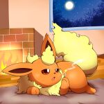  animal_focus breathing_fire cigarette fire fireplace flareon fluffy full_moon half-closed_eyes highres holding holding_cigarette indoors moon night no_humans open_mouth orange_fur pokemon pokemon_(creature) red_eyes smoke smoking solo star_(sky) tatu_wani window wooden_floor 