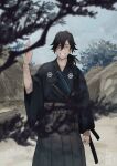  1boy :d ^_^ black_hair black_kimono blurry blurry_foreground closed_eyes day double-parted_bangs facing_viewer fate/grand_order fate_(series) feet_out_of_frame grey_hakama hair_between_eyes hakama hand_up highres japanese_clothes katana kimono long_hair low_ponytail male_focus pine_tree rock sakamoto_clan_(emblem) sakamoto_ryouma_(fate) sakamoto_ryouma_(lancer)_(fate) sand sheath sheathed smile solo straight-on sword teria_(teriarian) tree waving weapon 