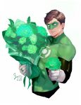  1boy black_bodysuit bodysuit bouquet brown_hair closed_mouth dated dc_comics domino_mask flower gloves green_bodysuit green_flower green_lantern_(series) green_rose hal_jordan highres holding holding_bouquet holding_flower jewelry large_pectorals male_focus mask muscular muscular_male pectorals ring rose short_hair simple_background smile solo superhero two-tone_bodysuit white_background white_gloves ykro7705 