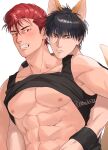  2boys abs animal_ears bara bare_pectorals black_hair black_tank_top blush clenched_teeth closed_mouth clothes_lift fox_boy fox_ears fox_tail highres large_pectorals male_focus multiple_boys muscular muscular_male nipples om3632f pectorals red_hair rukawa_kaede sakuragi_hanamichi short_hair simple_background slam_dunk_(series) tail tank_top teeth twitter_username wristband yaoi 