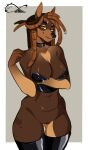  absurd_res anthro breasts brown_body brown_fur canid canine canis clothing collar digital_media_(artwork) dobermann domestic_dog dreadlocks female fingers fur genitals hi_res katfishcom latex_clothing latex_corset latex_stockings latex_topwear looking_at_viewer mammal markings multicolored_body multicolored_fur pinscher shaded simple_background smile solo tan_body tan_fur tan_markings tess_(katfishcom) 