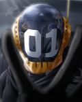  1boy artist_name bbdbg03 black_gloves earphones earpiece gloves hand_up helmet highres looking_at_viewer male_focus numbered one_piece reflection signature solo solo_focus space_helmet upper_body vegapunk_shaka 