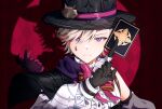  1boy bishounen black_gloves card genshin_impact gloves grey_hair hat highres lyney_(genshin_impact) male_focus mztmine playing_card purple_eyes serious short_hair solo spotlight teardrop_tattoo top_hat upper_body 