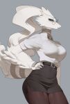  absurd_res anthro big_breasts blue_eyes breasts clothed clothing dragon eyewear female fur generation_5_pokemon glasses hi_res legendary_pokemon nintendo pokemon pokemon_(species) pokemorph reshiram solo white_body white_fur yawar 