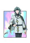  1boy 99akt1031 belt black_belt black_pants black_shirt border curly_hair green_hair grey_jacket grin hand_on_own_hip highres jacket long_sleeves looking_at_viewer male_focus medium_hair multicolored_eyes pants pokemon pokemon_(anime) pokemon_horizons shirt smile solo spinel_(pokemon) teeth twitter_username white_border 