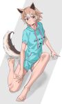  1girl animal_ears barefoot blue_shorts blue_sweater dog_ears dog_girl dog_tail drawstring extra_ears full_body hair_between_eyes highres hood hood_down kemono_friends kemono_friends_3 light_brown_hair looking_at_viewer multicolored_hair new_guinea_highland_wild_dog_(kemono_friends) official_alternate_costume orange_eyes pink_shorts pink_sweater short_hair short_shorts short_sleeves shorts sidelocks solo sweater tail tanabe_(fueisei) two-tone_hair two-tone_shirt two-tone_shorts white_hair 
