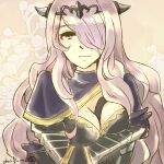  1girl camilla_(fire_emblem) capelet closed_mouth crossed_arms donkuma_kakusei facing_viewer fire_emblem fire_emblem_fates hair_over_one_eye looking_at_viewer purple_eyes turtleneck upper_body 