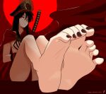  1girl absurdres artist_logo barefoot black_hair black_headwear black_ribbon breasts cape closed_mouth commentary english_commentary english_text fate/grand_order fate_(series) feet foot_focus foreshortening hair_between_eyes hat highres katana knees_up legs legs_together long_hair looking_at_viewer military_hat mohoshadream nail_polish nipples no_shirt oda_nobunaga_(fate) peaked_cap red_background red_cape red_eyes red_headwear red_nails ribbon sheath sheathed sidelocks small_breasts soles solo spread_toes sword thighs toe_scrunch toenail_polish toenails toes two-tone_headwear weapon 