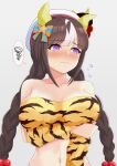  1girl @_@ animal_ears animal_print blunt_bangs blush bow braid breasts crop_top ear_covers flustered hair_bow highres hokko_tarumae_(umamusume) horse_ears horse_girl low_twin_braids multicolored_hair purple_eyes rapana_p shy solo speech_bubble tiger_print twin_braids two-tone_hair umamusume wavy_mouth white_headwear 