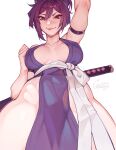  1girl absurdres biting black_armband black_hair black_robe breasts breasts_apart cormgreenu highres jigokuraku large_breasts lip_biting looking_at_viewer robe sash short_hair short_sword smile solo sword thighs topknot weapon white_background white_sash yuzuriha_(jigokuraku) 