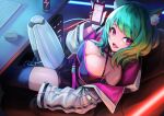  1girl absurdres animal_ear_fluff animal_ears breasts cat_ears character_request commission copyright_request cyborg energy_drink fang gloves green_hair hakusyokuto halterneck highres large_breasts long_sleeves looking_at_viewer mechanical_legs medium_hair open_mouth pink_eyes prosthesis single_mechanical_leg sitting skeb_commission white_gloves 
