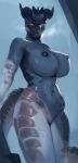  absurd_res anthro big_breasts breasts dragon featureless_crotch female front_view glistening glistening_body glowing glowing_eyes grey_body grey_scales grin hi_res horn killioma nipples non-mammal_breasts non-mammal_nipples nude orange_eyes scales scalie smile solo wingless_dragon 