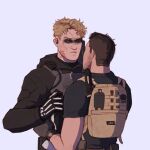  2boys amikoroyai arm_hair backpack bag bara beard_stubble black_gloves blonde_hair bone_print call_of_duty call_of_duty:_modern_warfare_2 couple facepaint ghost_(modern_warfare_2) gloves hand_on_another&#039;s_cheek hand_on_another&#039;s_face highres looking_at_another male_focus mature_male multiple_boys mustache_stubble no_mask short_hair sideburns soap_(modern_warfare_2) upper_body yaoi 