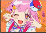  +_+ 1girl blunt_bangs blush candy double_v food hair_ornament hairclip jelly_bean looking_at_viewer official_alternate_costume one_eye_closed ootori_emu open_mouth orange_background pink_eyes pink_hair pop_in_my_heart!!_(project_sekai) project_sekai red_headwear short_hair smile taro14_tea v 