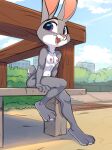  2023 anthro areola breasts buckteeth claws collarbone disney female fur grey_body grey_fur hi_res judy_hopps lagomorph leporid mammal multicolored_body multicolored_fur navel nipples nude open_mouth open_smile outside purple_eyes rabbit scut_tail short_tail siroc sitting small_breasts smile solo tail teeth toe_claws two_tone_body two_tone_fur white_body white_fur zootopia 