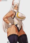  animal_humanoid batako big_breasts breasts clothing female hair hand_on_hip hi_res humanoid lagomorph lagomorph_humanoid legwear leporid_humanoid long_hair looking_at_viewer mammal mammal_humanoid miruko my_hero_academia rabbit_humanoid solo thick_thighs thigh_highs 