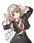  1girl arms_up black_jacket black_ribbon black_skirt blush braid braided_bangs brown_eyes grey_hair hair_ribbon highres hisakawa_nagi idolmaster idolmaster_cinderella_girls idolmaster_cinderella_girls_starlight_stage jacket kakaobataa long_hair long_sleeves looking_at_viewer low_twintails necktie open_clothes open_jacket open_mouth red_necktie ribbon shirt skirt solo twintails very_long_hair white_shirt 