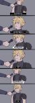  armor blonde_hair blue_eyes cloud_strife final_fantasy final_fantasy_vii final_fantasy_vii_remake furrowed_brow gag grey_background grey_shirt hair_between_eyes hao_xiang_yishui_bu_xing highres holding holding_microphone interview long_sleeves male_focus microphone money out_of_frame shirt short_hair shoulder_armor sleeveless sleeveless_turtleneck spiked_hair subtitled suspenders talking turtleneck upper_body 