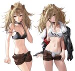  1girl animal_ears arknights black_shirt blonde_hair breasts cleavage closed_mouth crop_top head_tilt highres jacket large_breasts lion_ears lion_tail long_hair looking_at_viewer navel off_shoulder open_fly panties shirt shorts siege_(arknights) simple_background standing tail ttk_(kirinottk) underwear white_background white_panties white_shirt yellow_eyes 
