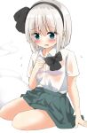  1girl black_bra blue_eyes blush bra embarrassed green_skirt highres hitodama konpaku_youmu konpaku_youmu_(ghost) open_mouth pleated_skirt ribbon see-through shirt shishiky short_hair short_sleeves sitting skirt solo sweat thighs touhou underwear wet wet_clothes wet_shirt white_hair white_shirt 