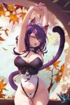  1girl ahoge animal_ear_fluff animal_ears armpits arms_up ass_visible_through_thighs autumn_leaves bare_hips breastless_leotard breasts bustier cameltoe cat_ears cat_girl cat_tail choker cleavage closed_eyes contrapposto cowboy_shot frilled_choker frills gloves groin hair_between_eyes highleg highleg_leotard large_breasts leaf leotard maple_leaf medium_hair midriff_peek mitsu_(mitsu_art) open_mouth original partially_fingerless_gloves patreon_username purple_hair purple_nails ribbed_leotard solo stretching tail thigh_gap thighhighs watermark wide_hips window 