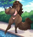  anthro big_breasts bikini breasts brown_body brown_fur brown_hair canid canine canis cleavage clothed clothing dipping_toe female fluffy fluffy_tail fur hair hi_res huge_breasts long_hair mammal outside poolside red_eyes sharp_teeth solo spottedtigress swimwear tail tall teeth watermark wolf 