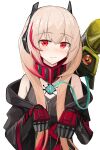  1girl absurdres bare_shoulders black_jacket closed_mouth commission dinergate_(girls&#039;_frontline) gamryous girls&#039;_frontline hair_between_eyes highres hood hood_down hooded_jacket jacket light_brown_hair looking_at_viewer m4_sopmod_ii_(girls&#039;_frontline) m4_sopmod_ii_(mod3)_(girls&#039;_frontline) mouth_hold multicolored_hair off_shoulder open_clothes open_jacket red_eyes red_hair simple_background streaked_hair upper_body white_background 