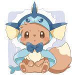  artist_name blue_bow blush_stickers bow brown_eyes capelet chestnut_mouth cosplay eevee full_body hand_on_own_stomach highres hood hooded_capelet kana_(maple926) looking_at_viewer open_mouth pokemon pokemon_(creature) sitting smile solo twitter_username vaporeon vaporeon_(cosplay) 
