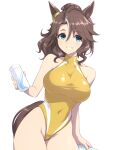  1girl ahoge animal_ears aqua_eyes breasts brown_hair can competition_swimsuit covered_navel grin highleg highleg_swimsuit highres horse_ears horse_girl horse_tail large_breasts long_hair looking_at_viewer medium_hair mejiro_palmer_(umamusume) one-piece_swimsuit pataneet simple_background smile solo swimsuit tail turtleneck_swimsuit two-tone_swimsuit umamusume wavy_hair white_background yellow_one-piece_swimsuit 