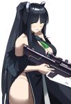  1girl absurdres animal_ear_fluff animal_ears bare_shoulders black_dress black_hair blue_archive blush breasts cleavage collarbone covered_collarbone dress fur_trim green_eyes gun high_ponytail highres holding holding_gun holding_weapon medium_breasts open_mouth parted_lips ponytail shun_(blue_archive) smile solo t-lex upper_body weapon white_background 