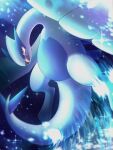  absurdres blurry commentary fangs happy highres looking_down lugia no_humans open_mouth pokemon pokemon_(creature) smile solo sparkle tongue watermark yujyu 