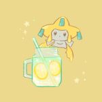  1other black_eyes blush colored_skin commentary drink drinking_straw floating food food_focus fruit full_body ice ice_cube jar jirachi kinakomochi_(monsteromochi) lemon lemon_slice light_blush open_mouth other_focus pokemon pokemon_(creature) simple_background solo sparkle star_(symbol) white_skin yellow_background yellow_theme 