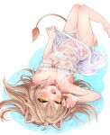  1girl animal_ears claw_pose covered_nipples dress festa11307070 flat_chest indie_virtual_youtuber light_brown_hair lion_ears lion_girl lion_tail long_hair looking_at_viewer lying on_back open_mouth rurudo_lion see-through signature smile solo tail virtual_youtuber wet wet_clothes white_dress yellow_eyes 