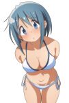  1girl :o arms_behind_back bikini blue_eyes blue_hair blush bob_cut breasts check_commentary cleavage collarbone commentary commentary_request cowboy_shot groin halterneck hateri head_tilt highres leaning_forward looking_at_viewer mahou_shoujo_madoka_magica medium_breasts medium_hair miki_sayaka open_mouth side-tie_bikini_bottom sidelocks simple_background skindentation solo standing string_bikini swimsuit thigh_gap thighs white_background white_bikini 